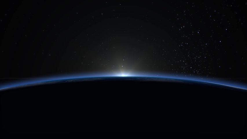 Sunrise over the Earth. View from space. The earth rotates towards the sun. The camera moves away. Realistic atmosphere. Volumetric clouds. Starry sky. 4K. 3d rendering. Stars twinkle. | Shutterstock HD Video #1056983108