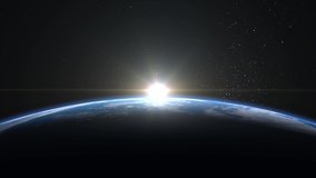 Sunrise over the Earth. View from space. The earth rotates towards the sun. The camera moves away. Realistic atmosphere. Volumetric clouds. Starry sky. 4K. 3d rendering. Stars twinkle. - Powered by Shutterstock - Get 15% off with code: PIKWIZARD15