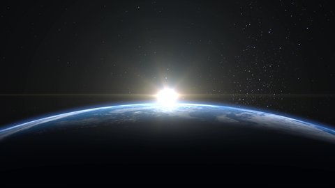 Sunrise over the Earth. View from space. The earth rotates towards the sun. The camera moves away. Realistic atmosphere. Volumetric clouds. Starry sky. 4K. 3d rendering. Stars twinkle.