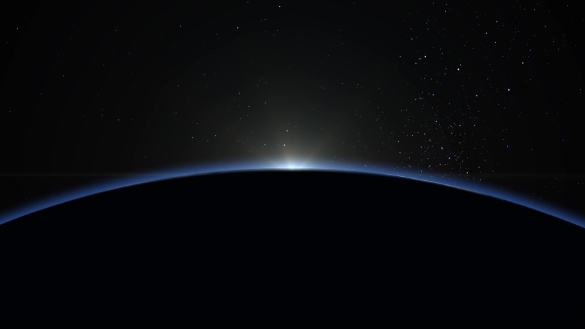 Sunrise from space. Sunrise over the Earth. The earth rotates towards the sun. Volumetric clouds. Static camera 50mm. Starry sky. 4K. Stars twinkle. 3d rendering. | Shutterstock HD Video #1056983111