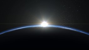 Sunrise from space. Sunrise over the Earth. The earth rotates towards the sun. Volumetric clouds. Static camera 50mm. Starry sky. 4K. Stars twinkle. 3d rendering. - Powered by Shutterstock - Get 15% off with code: PIKWIZARD15