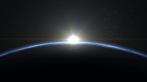 Sunrise from space. Sunrise over the Earth. The earth rotates towards the sun. Volumetric clouds. Static camera 50mm. Starry sky. 4K. Stars twinkle. 3d rendering.