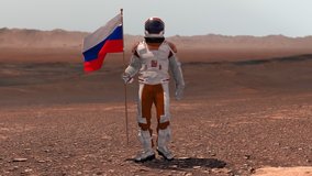 Astronaut walking on Mars with Russian flag. Exploring Mission To Mars Red Planet. Futuristic Colonization Space Exploration Concept. 3d render. Colony on Mars. Elements of video furnished by NASA