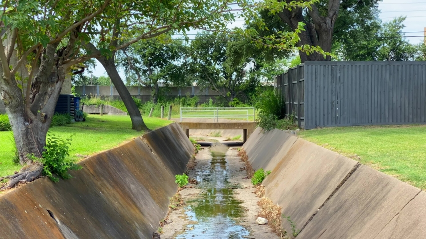 drainage ditch with trees and grass growing on the side, dried up drainage ditch in Dallas Texas, sewer drain with trees and plants growing out of it. 