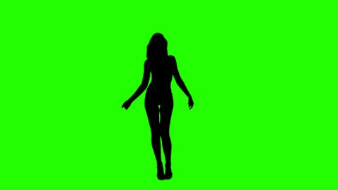 Beautiful Slim Girl Dancing Slow and Fast On a Green Background. Sexual Female Silhouette with Alpha Channel.