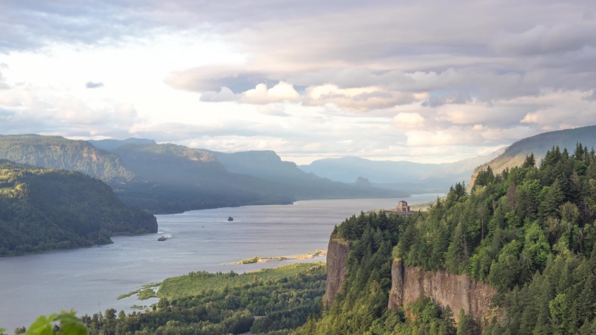 Spectacular timelapse Vista House Crown Point Museum at the Columbia River Gorge outside of Portland, Oregon where people come to enjoy the scenic views.