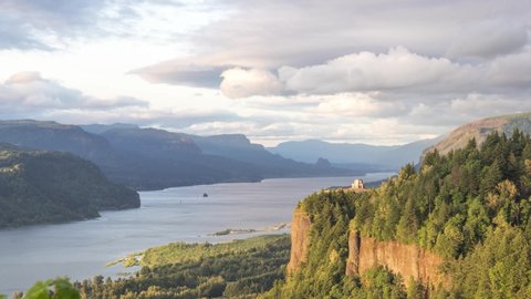 Spectacular timelapse Vista House Crown Point Museum at the Columbia River Gorge outside of Portland, Oregon where people come to enjoy the scenic views.