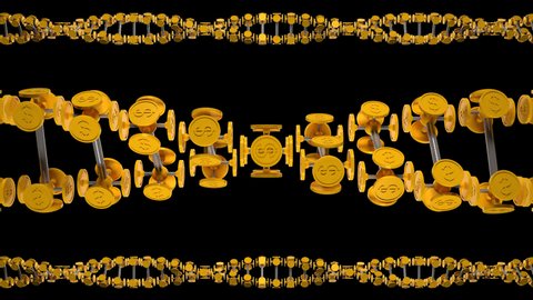 3d animation spinning loop DNA gold coin, close and far view, transparent background