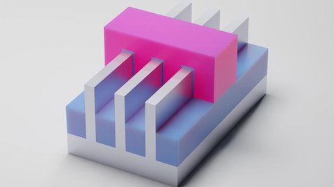 FINFET Trigate (Multigate) transistor 3D render model. It is used for building semiconductor chips and integrated circuits at nano scale. Pink - Gate, blue - Insulator, silver - Substrate