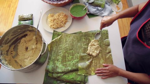 Mexican woman making authentic steamed Tamales with mole negro and Salsa verde in a humble kitchen and livingroom with olla de barro and banana leaves. With corn dough mixed with her own hands.