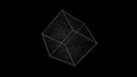 Rotating glowing cube HUD element. Container with moving particles. Plexus style. 