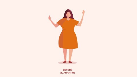 Animated cartoon design of comparison of young woman before and after quarantine from slim to fat body. Shot in 4k resolution
