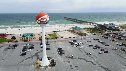 Arial footage of the water tower and pier in Pensacola Florida