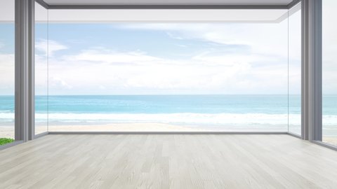 Sea view large living room of luxury summer beach house with big glass window and wooden floor. Interior 3d illustration in vacation home or holiday villa.