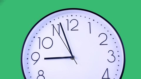  Close-up shot of modern, stylish clock indicating five minutes to nine o'clock, showing accurate exact time and arrow motion. Studio shot on green background. Time, punctuality, deadline concept.