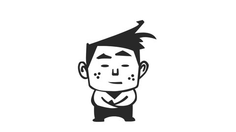 2D animation. linear black and white graphic style. A cute boy starts curious and sulky, then gets sad and ends up happy expression.
