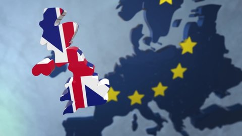 Brexit animation with the European Union map and the United Kingdom disappearing floating out of the constellation of countries - yellow symbolic stars