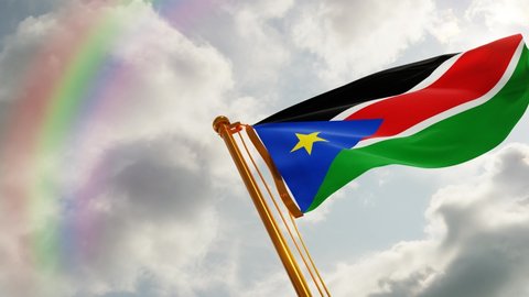 Flag of South Sudan Waving in the wind, Cloudy and Rainbow Background, Slow Motion, Realistic Animation, 4K UHD 60 FPS Slow-Motion