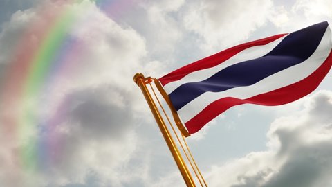 Flag of Thailand Waving in the wind, Cloudy and Rainbow Background, Slow Motion, Realistic Animation, 4K UHD 60 FPS Slow-Motion