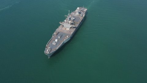 Aerial view of navy aircraft carrier, navy ship,battle ship,warship,Military ship resilient, armed with weapon systems, though armament on troop transports. support navy ship. Military sea transport.