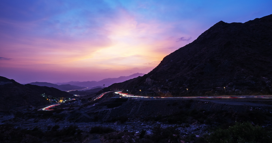 Traffic light trails along the zig zag road in Al Hada, Taif region of Saudi Arabia | Shutterstock HD Video #1057020299