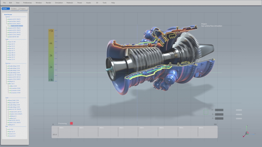 Computer CAD Software showing Design of Industrial Sustainable Green Energy Turbine  Engine in 3D. Efficient Eco-Motor Prototype Animation. VFX Royalty-Free Stock Footage #1057022618