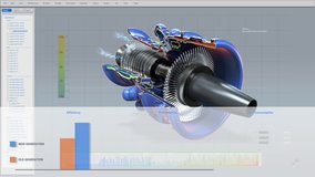 Computer CAD Software showing Design of Industrial Sustainable Green Energy Turbine  Engine in 3D. Efficient Eco-Motor Prototype Animation. VFX - Powered by Shutterstock - Get 15% off with code: PIKWIZARD15
