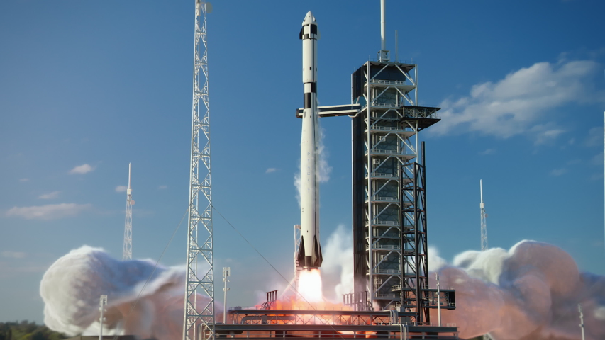 Launch Pad Complex: Successful Rocket Launching with Crew on a Space Exploration Mission. Flying Spaceship Blasts Flames and Smoke on a Take-Off. Humanity in Space, Conquering Universe | Shutterstock HD Video #1057022645