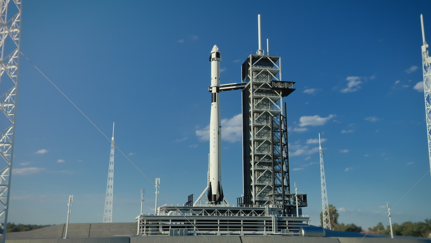 Launch Pad Complex: Successful Rocket Launching with Crew on a Space Exploration Mission. Flying Spaceship Blasts Flames and Smoke on a Take-Off. Humanity in Space, Conquering Universe. Zoom out | Shutterstock HD Video #1057022651