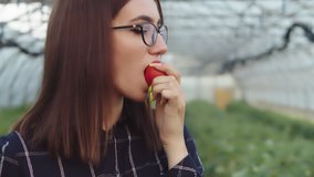Beautiful girl in greenhouse bites and eats tomato closeup.Fresh vegetables concept.Harvesting in the field, organic products. Slow-motion 4k video
