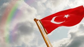 Flag of Turkey Waving in the wind, Cloudy and Rainbow Background, Slow Motion, Realistic Animation, 4K UHD 60 FPS Slow-Motion