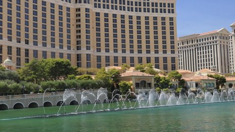 Las Vegas, AUG 2, 2020 - Sunny view of the fountain and water dance of Bellagio Hotel and Casino