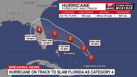 Breaking news footage of category 4 hurricane news forecast and track as it his Florida.