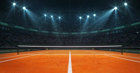 Tennis video background with orange clay surface at players perspective. Sport building full of fans as 4k loop animation.