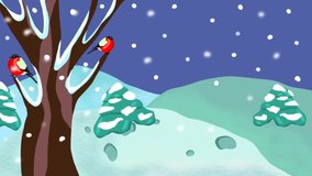 winter landscape with firs, tree and birds bullfinch. Merry Christmas winter animation film with Snow Falling.  Loop animation of snowing winter.  