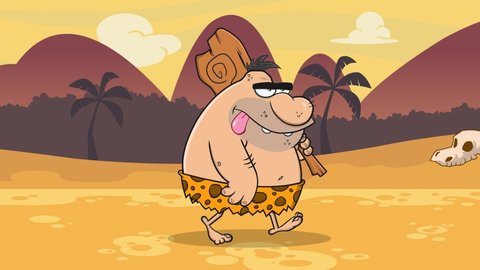 Caveman Funny Cartoon Character With Club Walking. 4K Animation Video Motion Graphics With Background