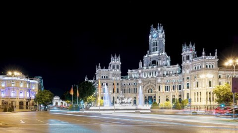 Madrid 4k night timelapse in which we can see the Plaza de Cibeles, the Puerta de Alcala, the Town Hall, La casa de America and traffic of cars and buses