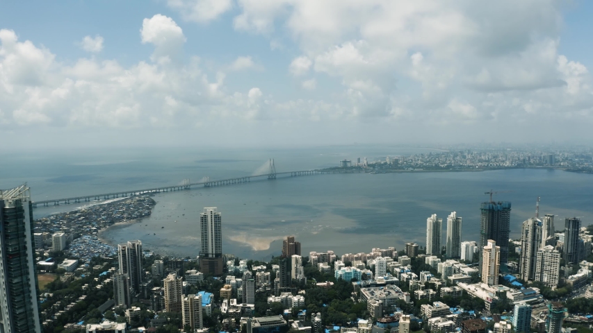 Mumbai City Drone Shot with Bandra Worli Sea Link Royalty-Free Stock Footage #1057040768