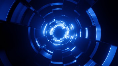 Blue techno tunnel with blocks glowing background. Cyberspace geometric sci-fi, corridor. Dynamic loop animation.