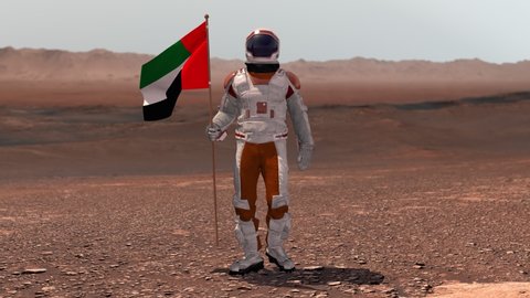 Astronaut walking on Mars with UAE flag. Exploring Mission To Mars Red Planet. Futuristic Colonization Space Exploration Concept. 3d render. Colony on Mars. Elements of video furnished by NASA