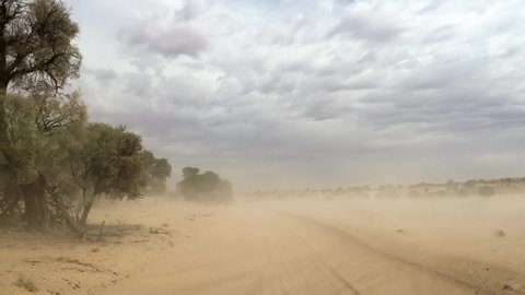 POV: Driving through a small, localized sand storm in the Kalahari