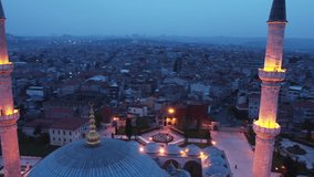 Aerial Night view of Fatih Mosque in Istanbul. 4K Footage in Turkey