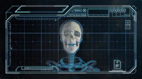 Sci-Fi Display Screen Showing a Scan of a Human Skull