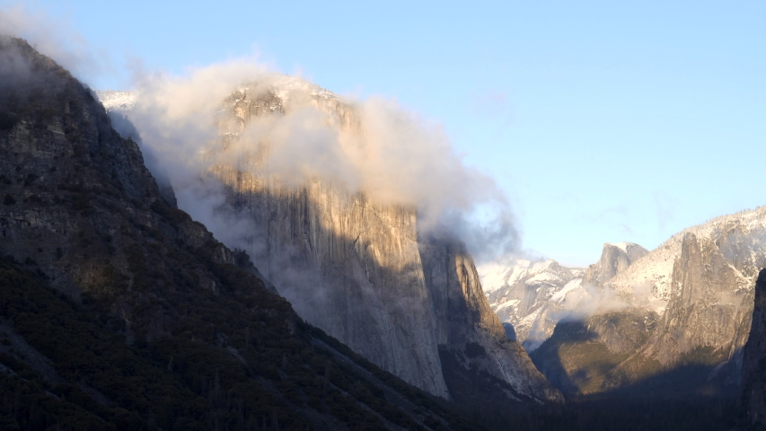 panning clip from el capitan to bridalveil falls after a winter storm at yosemite national park in california, usa
