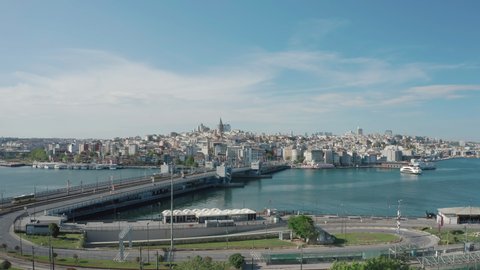 Aerial view of Galata Bridge and Historical Peninsula. 4K Footage in Turkey