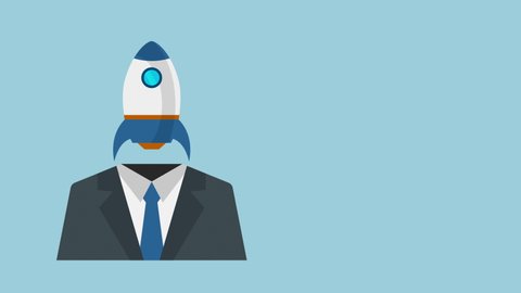 stylized icon of a businessman with a rocket instead of the head, concept of business startup, copy space, luma matte for background replacement