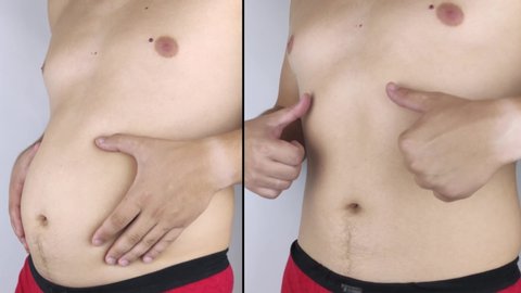 The man shows the results of work on the body. Before and after a thick and thin waist. In the photo on the left, belly fat is visible. In the photo on the right, a thin waist without extra kilograms