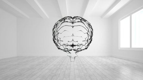 Animation of the black outline of a transparent human brain turning in an empty white room with a light filled window. Tabla rasa empty memory and inspiration concept, digital composite