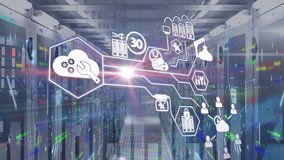 Animation of a chart showing connecting links between icons of various industries over an empty server room with moving digital information. Industry and economy concept, digital composite video   - Powered by Shutterstock - Get 15% off with code: PIKWIZARD15