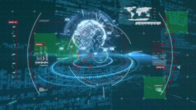 Animation of moving scopes scanning and data processing, showing statistics over a turning 3d globe on a black background. Global connection and research gathering concept, digital composite video - Powered by Shutterstock - Get 15% off with code: PIKWIZARD15